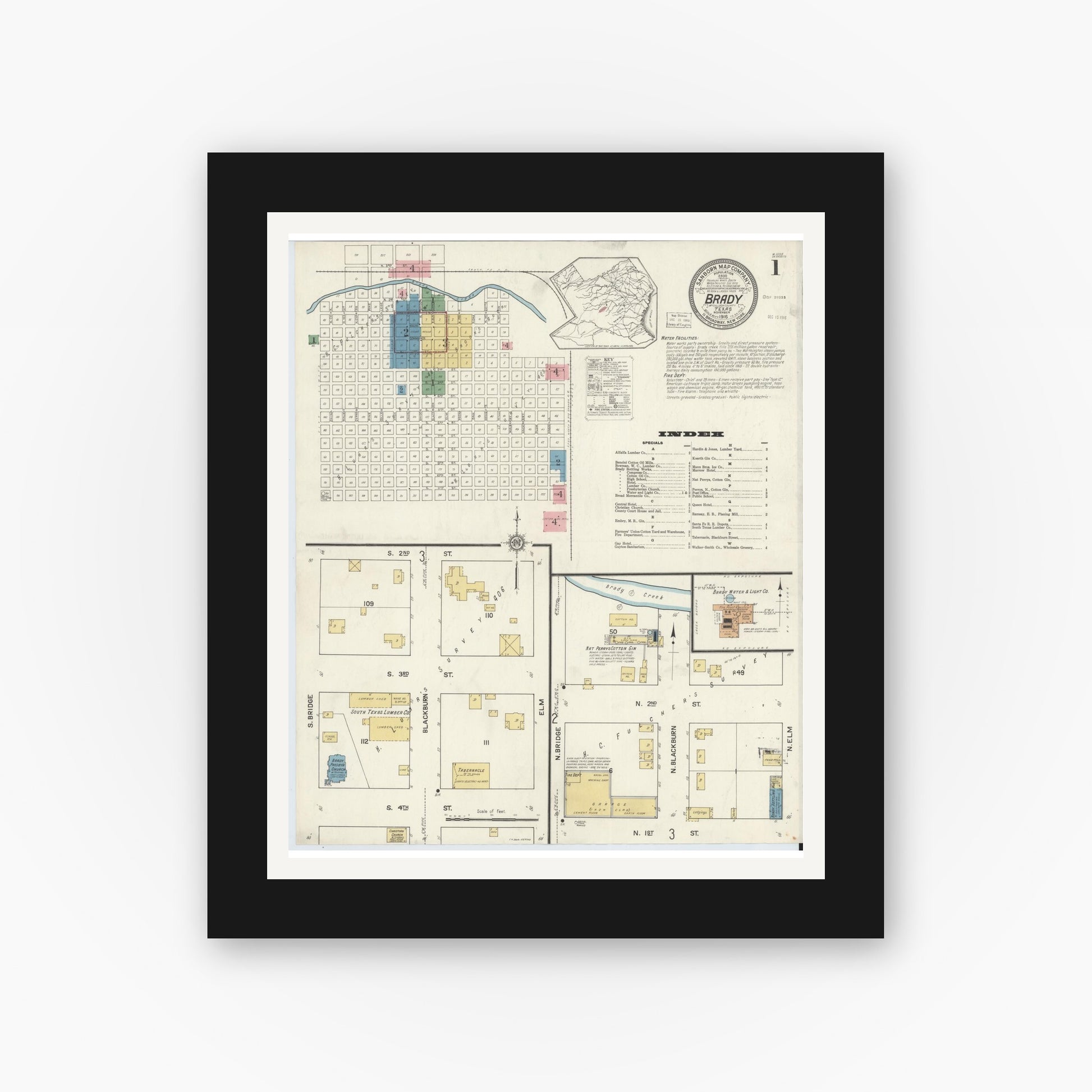 Old map wall art mockup — black gallery frame with white mat — Sanborn Fire Insurance Map from Brady, McCulloch County, Texas (1916), Sheet #0001