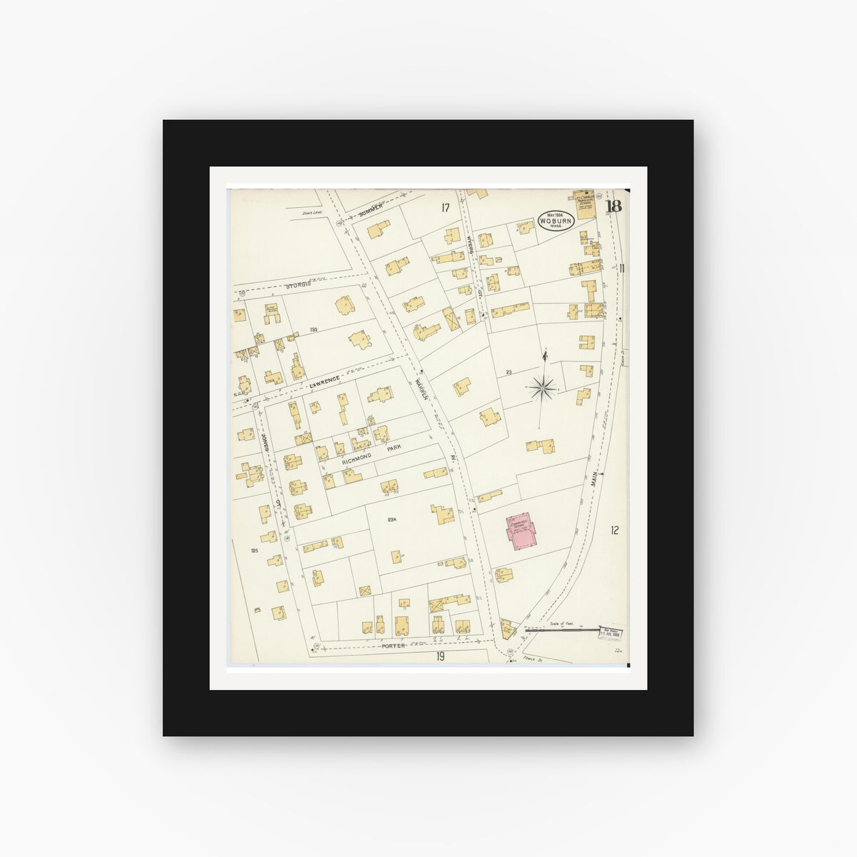 Old map wall art mockup — black gallery frame with white mat — Sanborn Fire Insurance Map from Woburn, Middlesex County, Massachusetts (1904), Sheet #0018