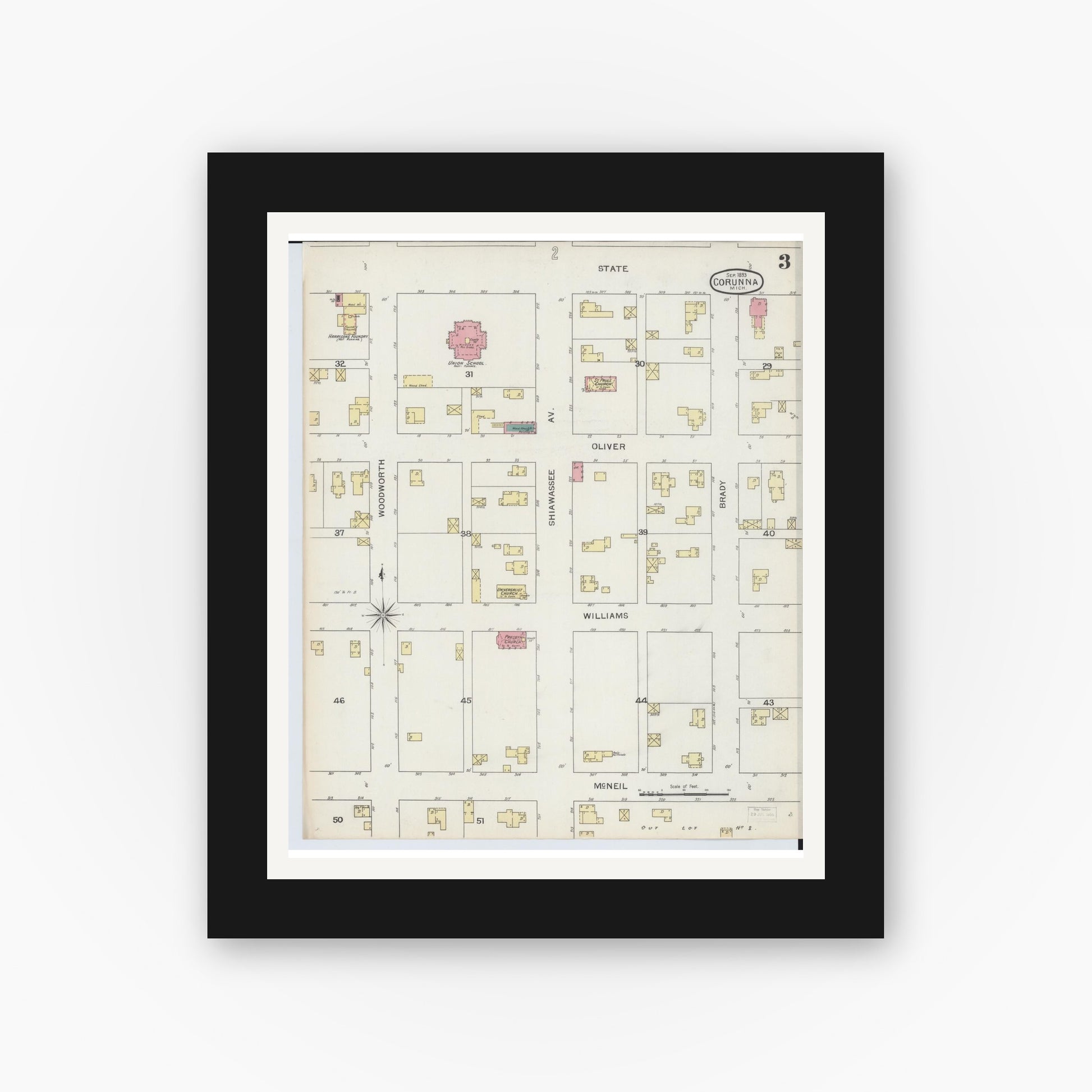 Old map wall art mockup — black gallery frame with white mat — Sanborn Fire Insurance Map from Corunna, Shiawassee County, Michigan (1893), Sheet #0003