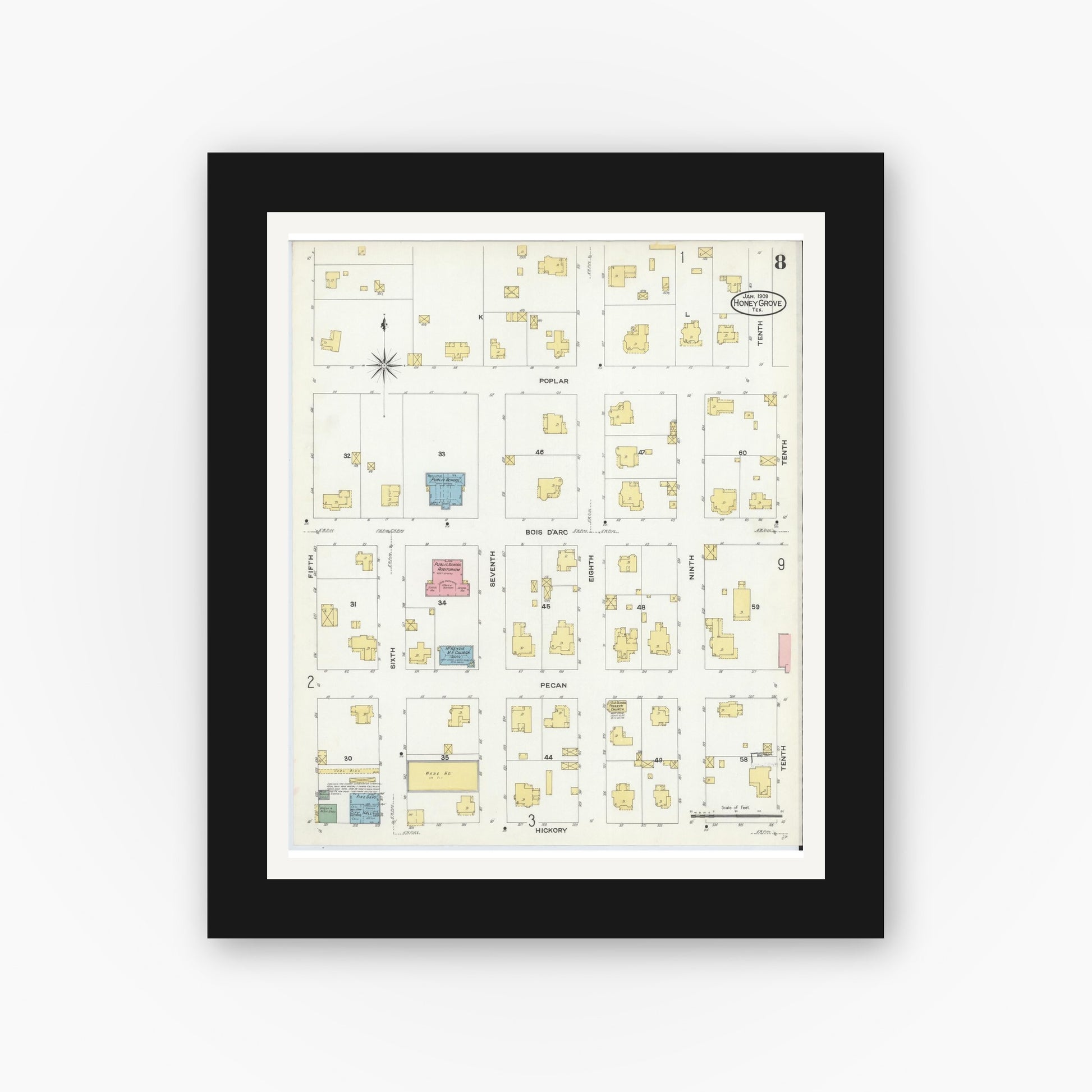 Old map wall art mockup — black gallery frame with white mat — Sanborn Fire Insurance Map from Honey Grove, Fannin County, Texas (1909), Sheet #0008