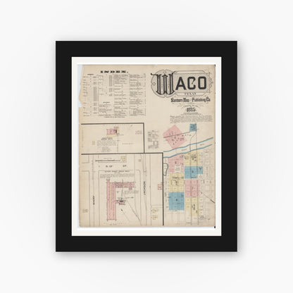 Old map wall art mockup — black gallery frame with white mat — Sanborn Fire Insurance Map from Waco, McLennan County, Texas (1885) - Complete Map Set