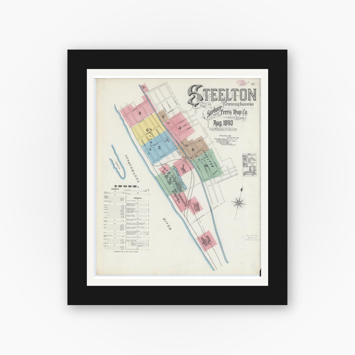 Old map wall art mockup — black gallery frame with white mat — Sanborn Fire Insurance Map from Steelton, Dauphin County, Pennsylvania (1890) - Complete Map Set