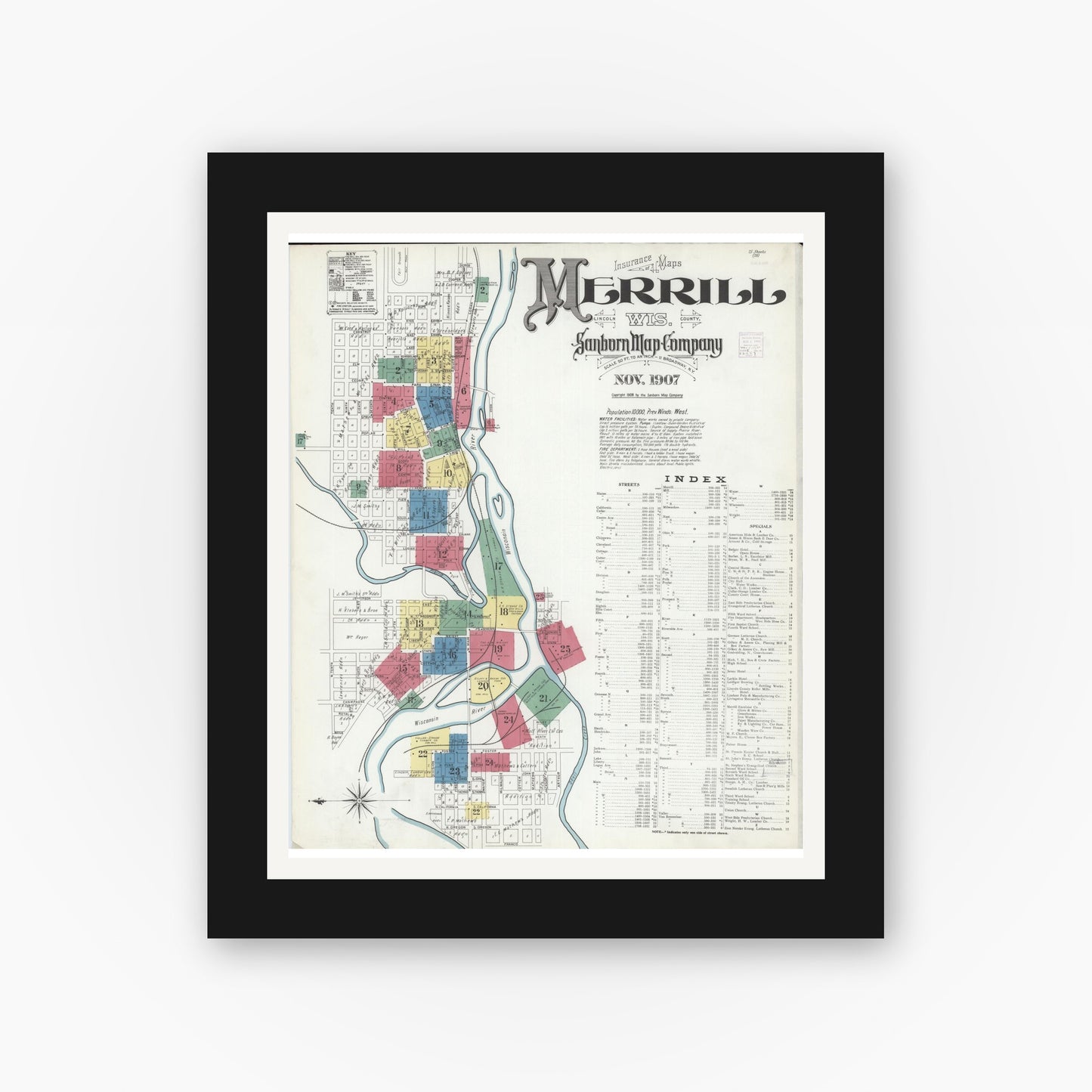 Old map wall art mockup — black gallery frame with white mat — Sanborn Fire Insurance Map from Merrill, Lincoln County, Wisconsin (1907), Sheet #0001