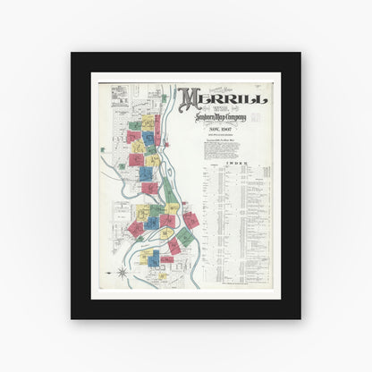 Old map wall art mockup — black gallery frame with white mat — Sanborn Fire Insurance Map from Merrill, Lincoln County, Wisconsin (1907), Sheet #0001