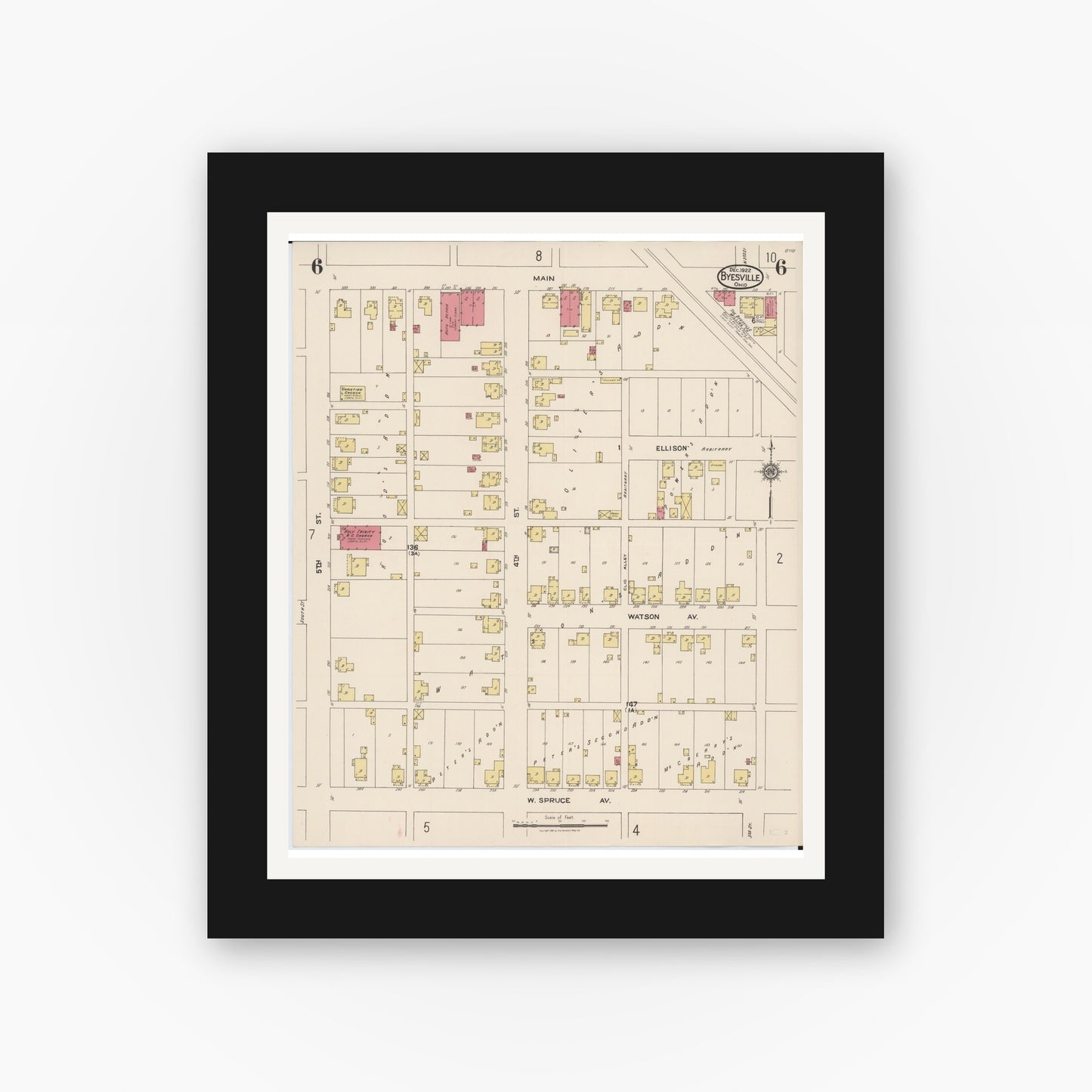 Old map wall art mockup — black gallery frame with white mat — Sanborn Fire Insurance Map from Byesville, Guernsey County, Ohio (1922), Sheet #0006