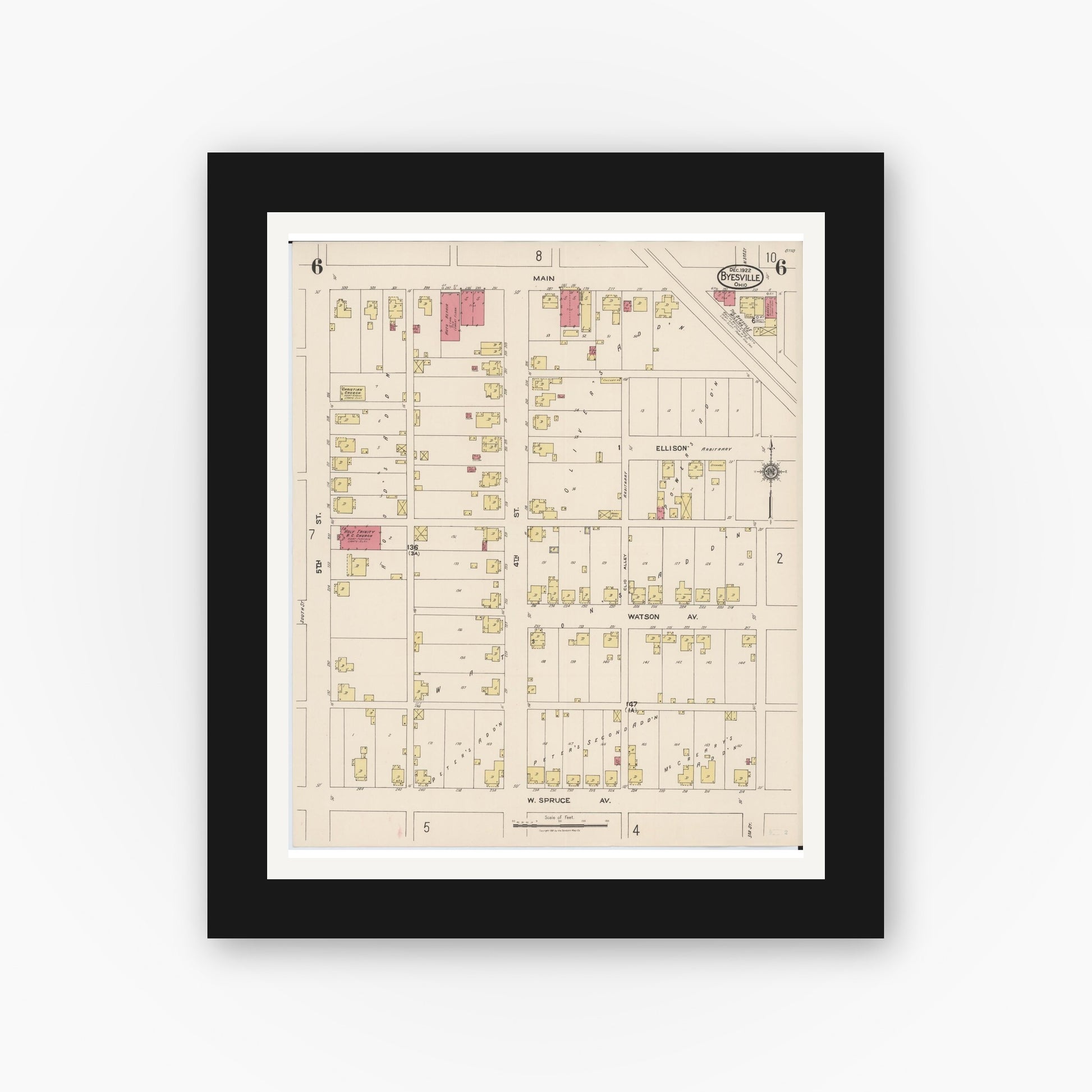 Old map wall art mockup — black gallery frame with white mat — Sanborn Fire Insurance Map from Byesville, Guernsey County, Ohio (1922), Sheet #0006