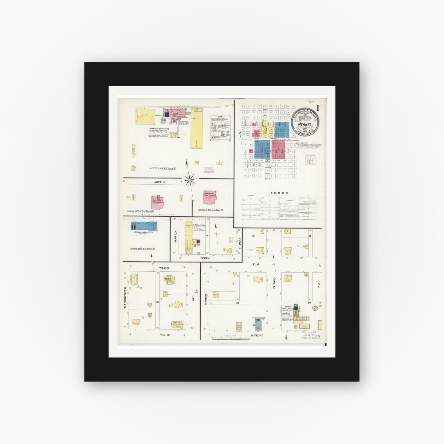 Old map wall art mockup — black gallery frame with white mat — Sanborn Fire Insurance Map from Merkel, Taylor County, Texas (1908), Sheet #0001