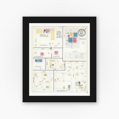 Old map wall art mockup — black gallery frame with white mat — Sanborn Fire Insurance Map from Merkel, Taylor County, Texas (1908), Sheet #0001