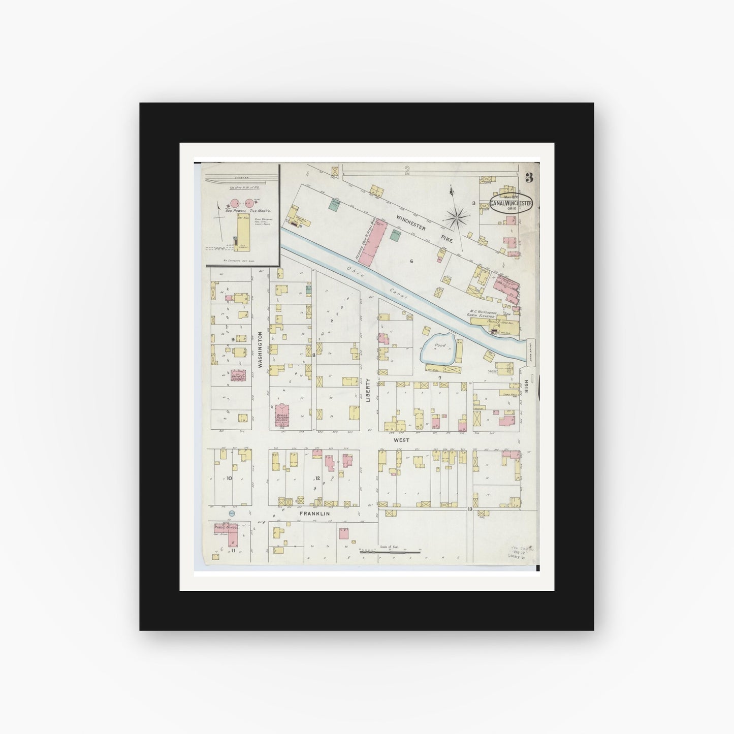 Old map wall art mockup — black gallery frame with white mat — Sanborn Fire Insurance Map from Canal Winchester, Franklin County, Ohio (1895), Sheet #0003