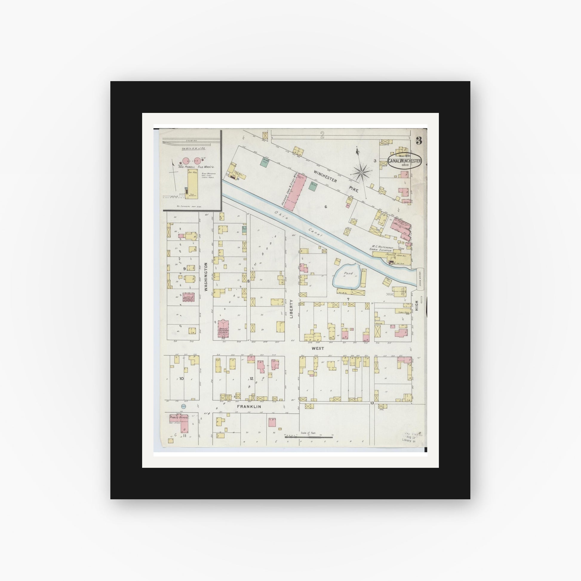 Old map wall art mockup — black gallery frame with white mat — Sanborn Fire Insurance Map from Canal Winchester, Franklin County, Ohio (1895), Sheet #0003