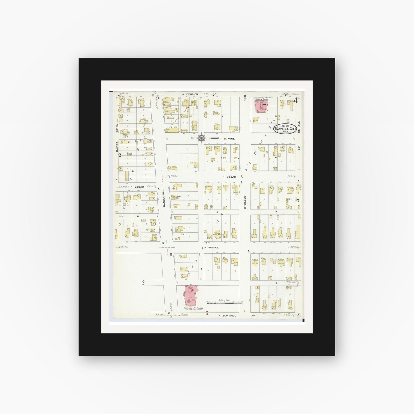 Old map wall art mockup — black gallery frame with white mat — Sanborn Fire Insurance Map from Traverse City, Grand Traverse County, Michigan (1910), Sheet #0004