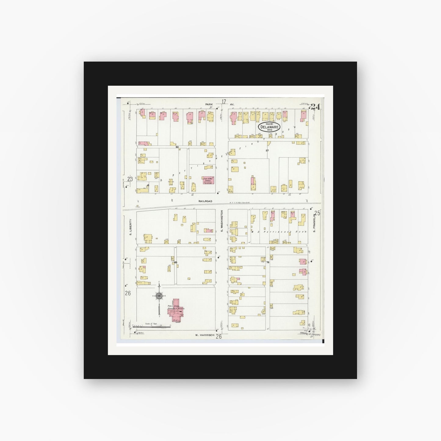 Old map wall art mockup — black gallery frame with white mat — Sanborn Fire Insurance Map from Delaware, Delaware County, Ohio (1911), Sheet #0024