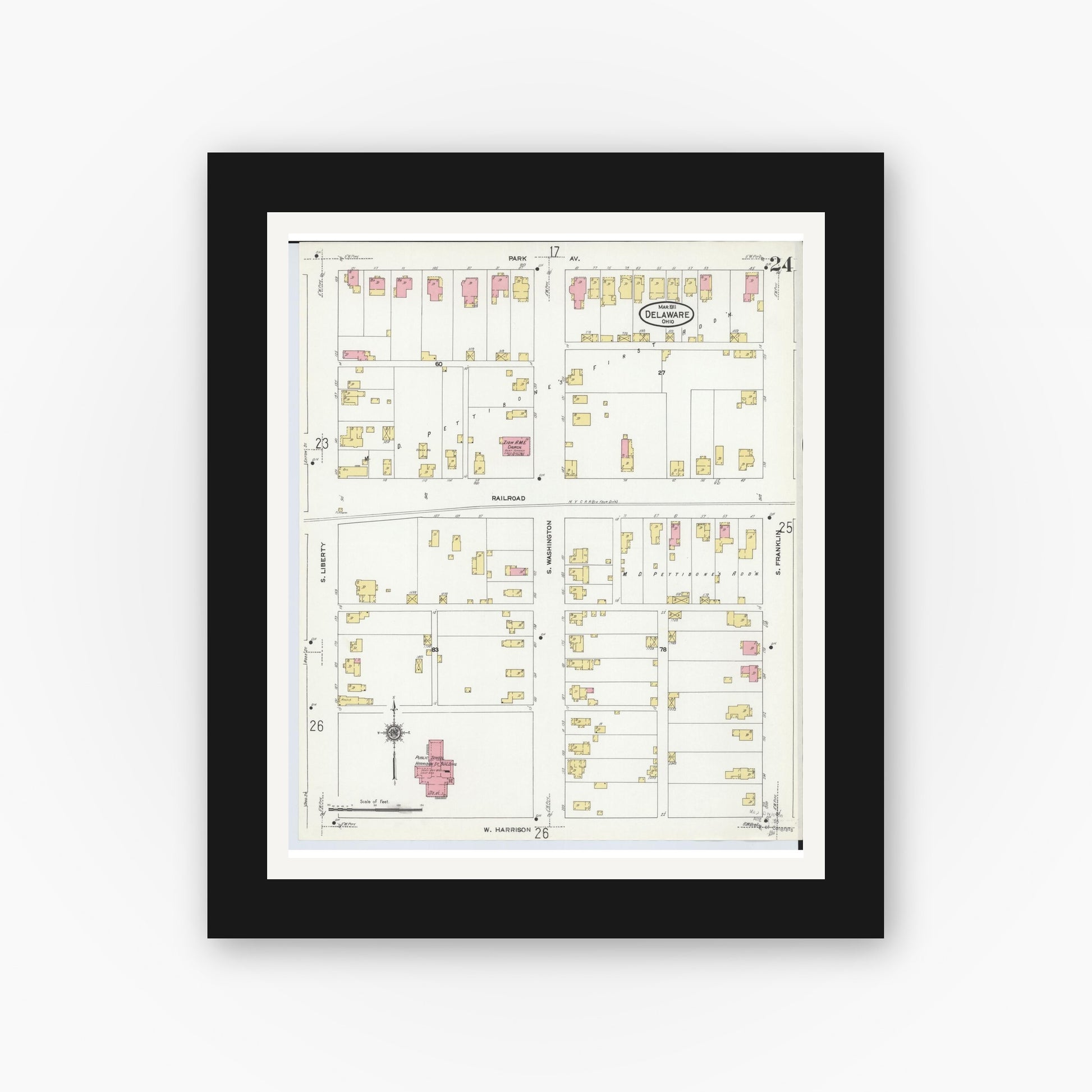 Old map wall art mockup — black gallery frame with white mat — Sanborn Fire Insurance Map from Delaware, Delaware County, Ohio (1911), Sheet #0024