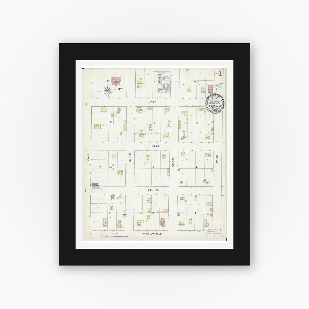 Old map wall art mockup — black gallery frame with white mat — Sanborn Fire Insurance Map from Kasson, Dodge County, Minnesota (1891) - Complete Map Set