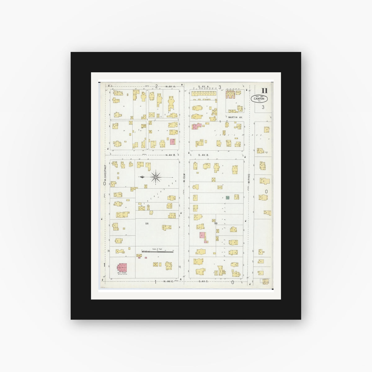 Old map wall art mockup — black gallery frame with white mat — Sanborn Fire Insurance Map from Canton, Fulton County, Illinois (1902), Sheet #0011