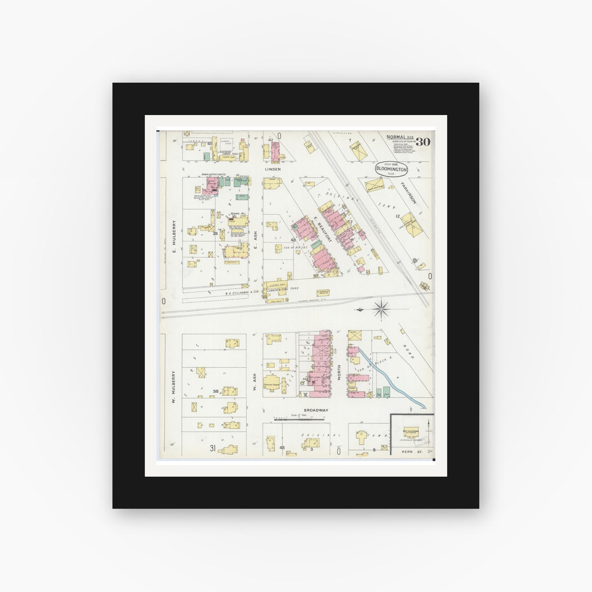 Old map wall art mockup — black gallery frame with white mat — Sanborn Fire Insurance Map from Bloomington, McLean County, Illinois (1896), Sheet #0030