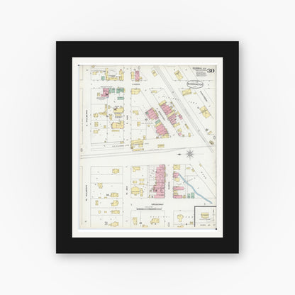 Old map wall art mockup — black gallery frame with white mat — Sanborn Fire Insurance Map from Bloomington, McLean County, Illinois (1896), Sheet #0030