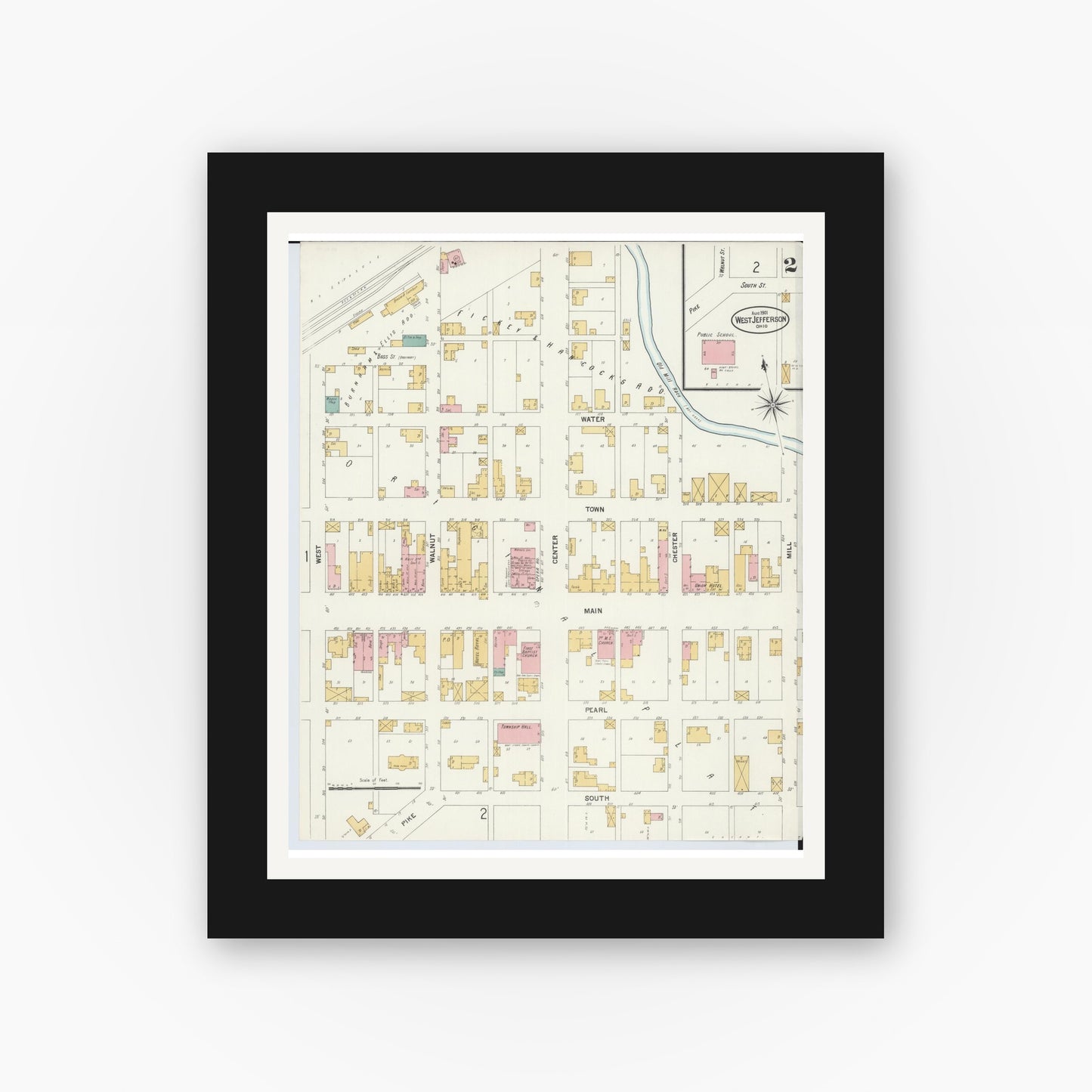 Old map wall art mockup — black gallery frame with white mat — Sanborn Fire Insurance Map from West Jefferson, Madison County, Ohio (1901), Sheet #0002