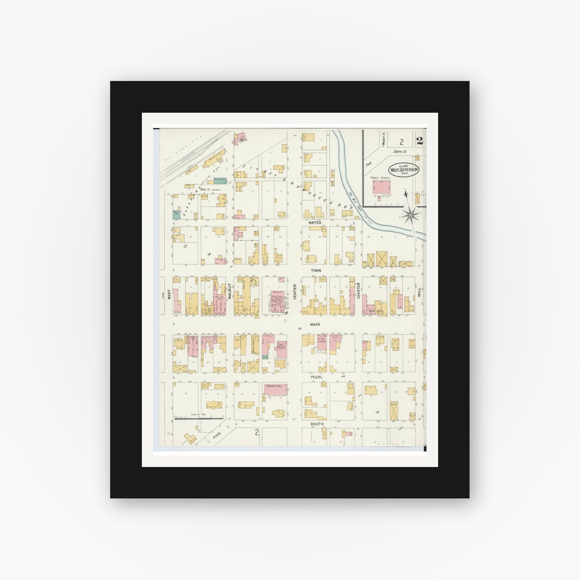 Old map wall art mockup — black gallery frame with white mat — Sanborn Fire Insurance Map from West Jefferson, Madison County, Ohio (1901), Sheet #0002