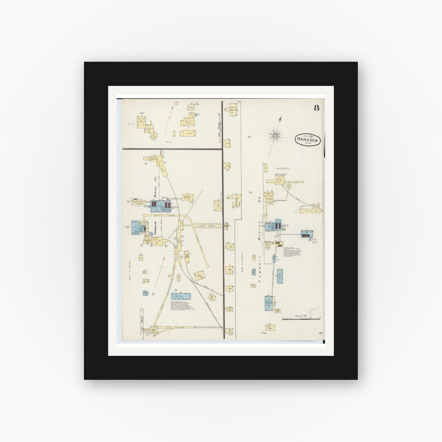 Old map wall art mockup — black gallery frame with white mat — Sanborn Fire Insurance Map from Houghton, Houghton County, Michigan (1888), Sheet #0008