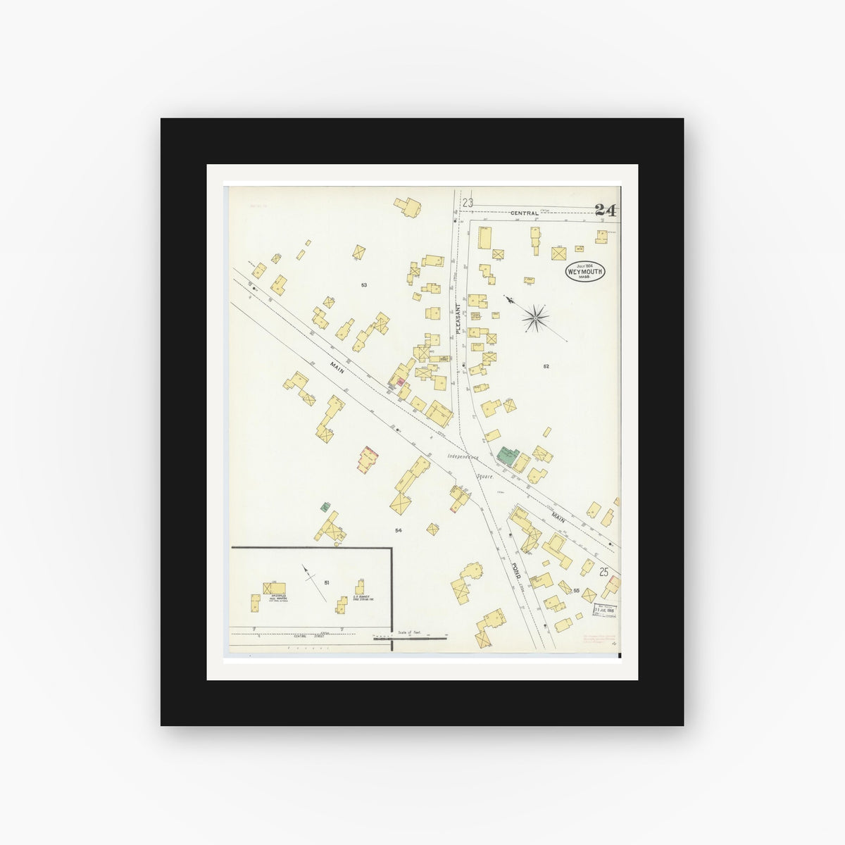 Old map wall art mockup — black gallery frame with white mat — Sanborn Fire Insurance Map from Weymouth, Norfolk County, Massachusetts (1904), Sheet #0024