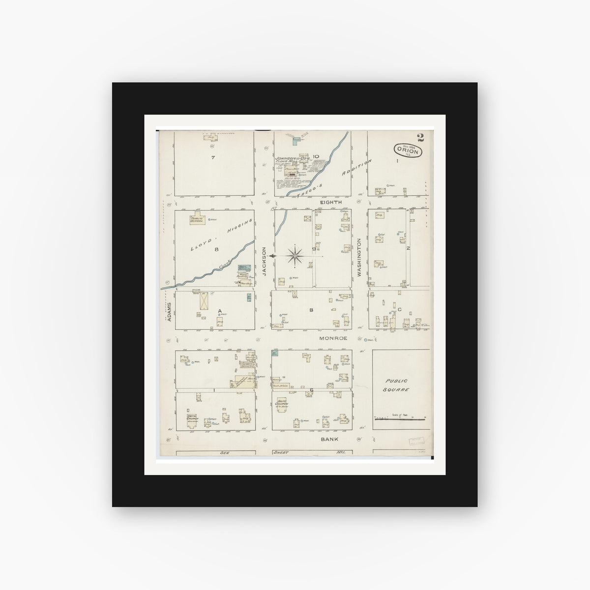Old map wall art mockup — black gallery frame with white mat — Sanborn Fire Insurance Map from Orion, Henry County, Illinois (1886), Sheet #0002