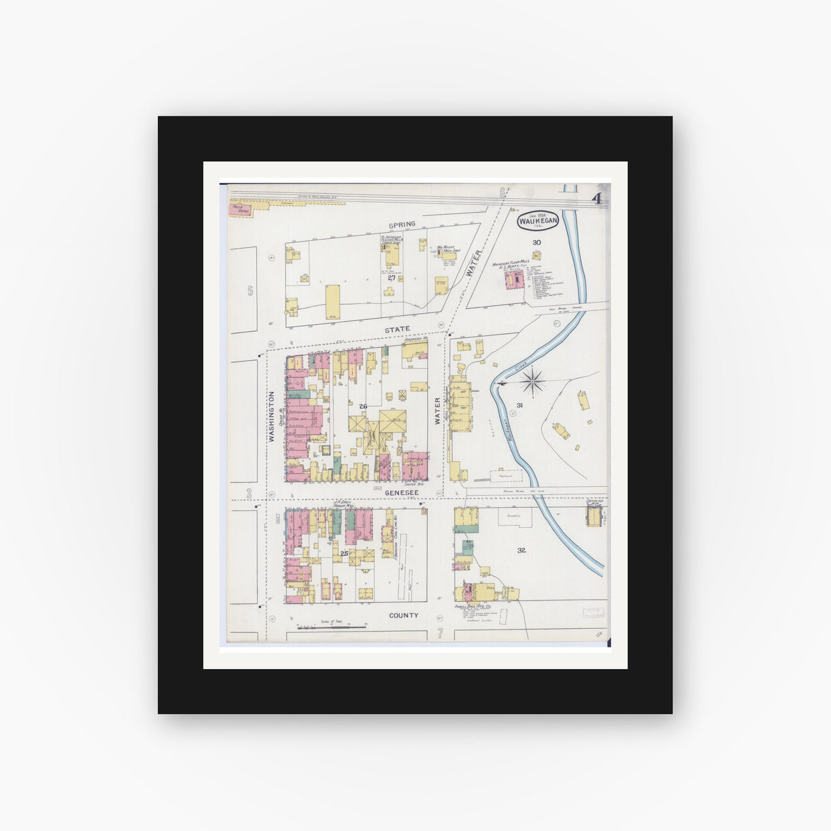 Old map wall art mockup — black gallery frame with white mat — Sanborn Fire Insurance Map from Waukegan, Lake County, Illinois (1894), Sheet #0004