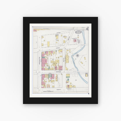 Old map wall art mockup — black gallery frame with white mat — Sanborn Fire Insurance Map from Waukegan, Lake County, Illinois (1894), Sheet #0004