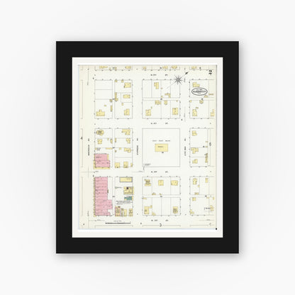Old map wall art mockup — black gallery frame with white mat — Sanborn Fire Insurance Map from Hubbard, Hill County, Texas (1909), Sheet #0002