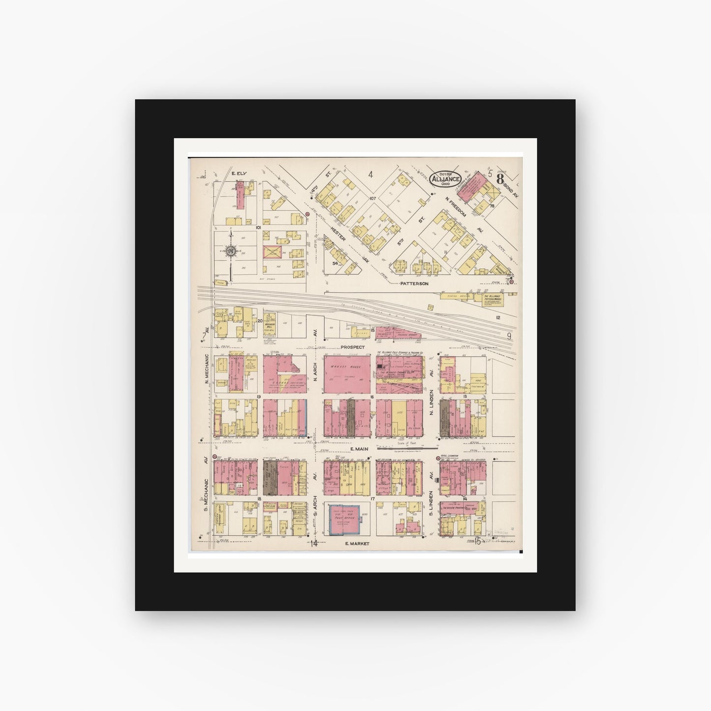 Old map wall art mockup — black gallery frame with white mat — Sanborn Fire Insurance Map from Alliance, Stark County, Ohio (1921), Sheet #0008