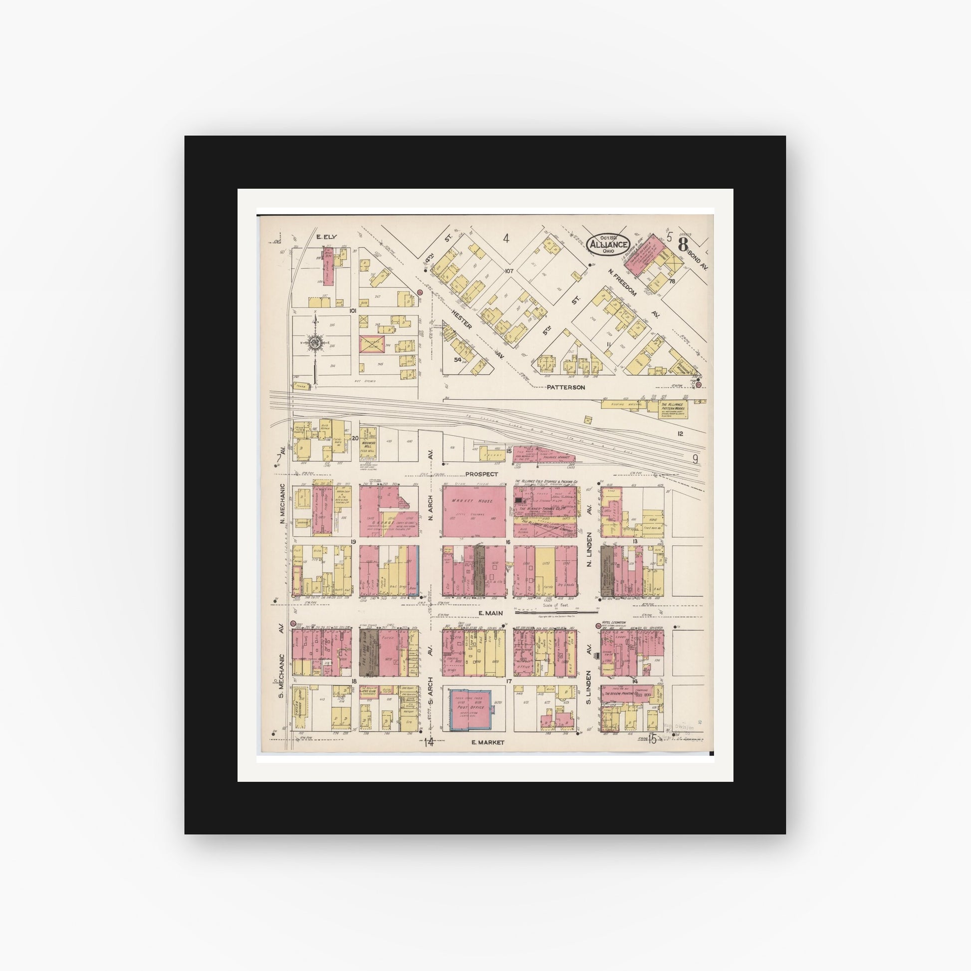 Old map wall art mockup — black gallery frame with white mat — Sanborn Fire Insurance Map from Alliance, Stark County, Ohio (1921), Sheet #0008