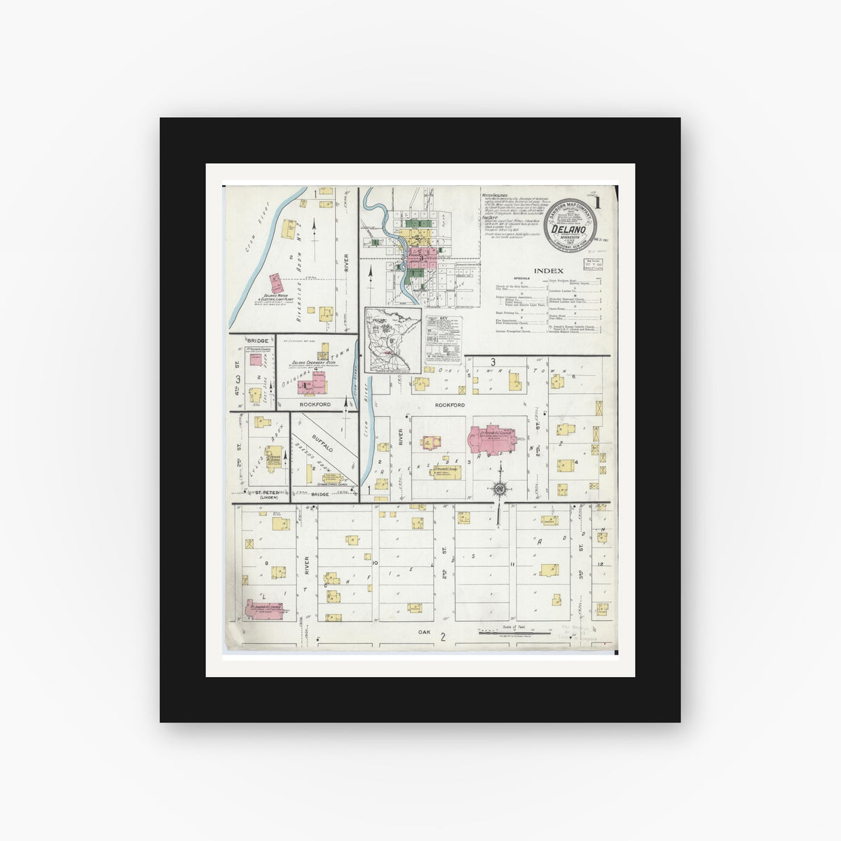 Old map wall art mockup — black gallery frame with white mat — Sanborn Fire Insurance Map from Delano, Wright County, Minnesota (1917) - Complete Map Set