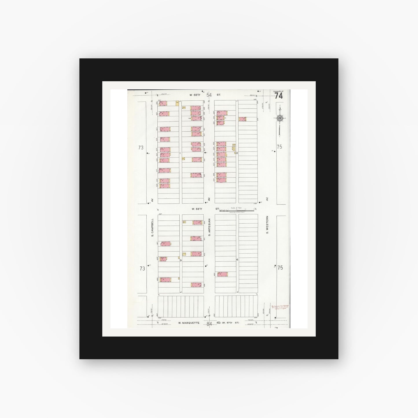 Old map wall art mockup — black gallery frame with white mat — Sanborn Fire Insurance Map from Chicago, Cook County, Illinois (1920), Sheet #0074