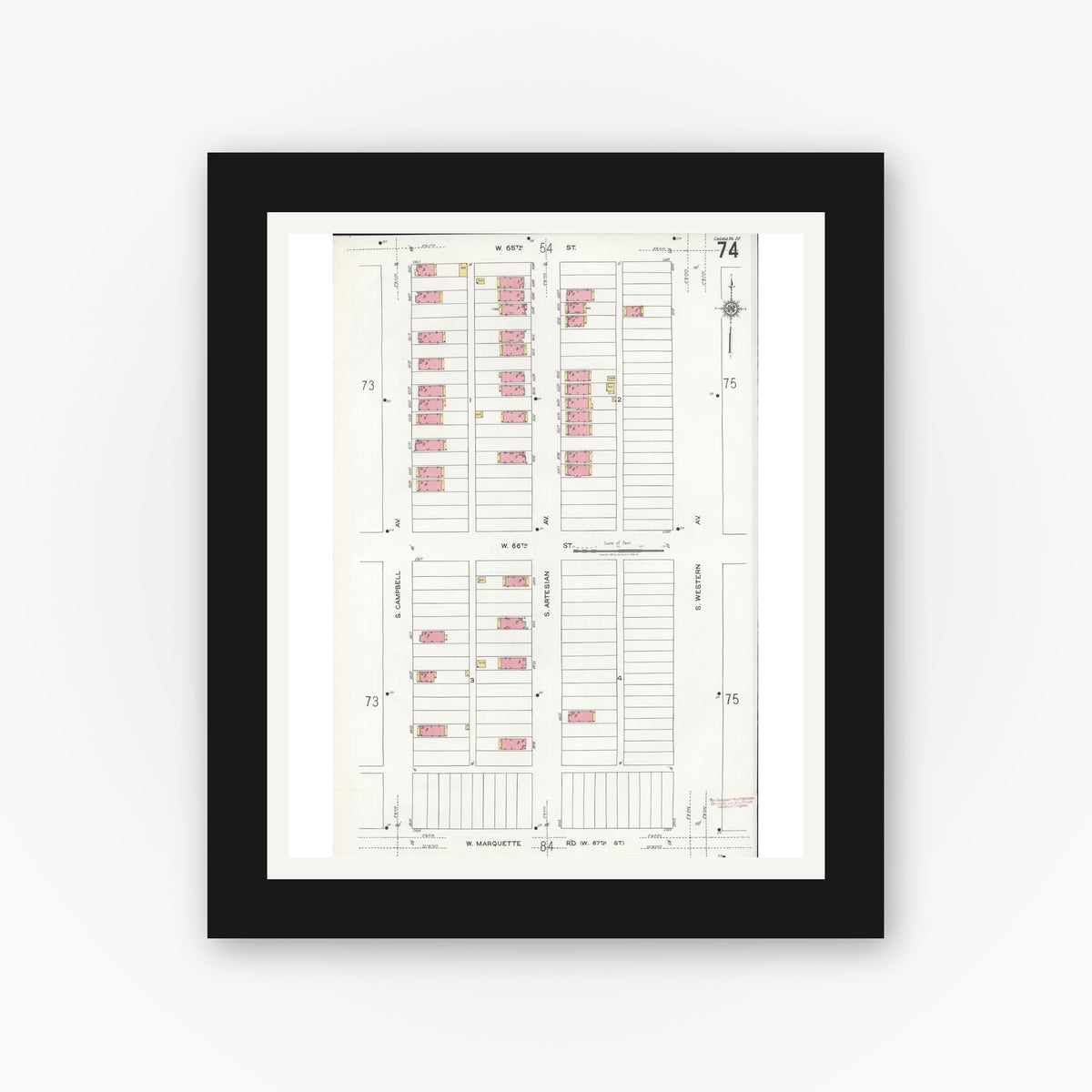 Old map wall art mockup — black gallery frame with white mat — Sanborn Fire Insurance Map from Chicago, Cook County, Illinois (1920), Sheet #0074