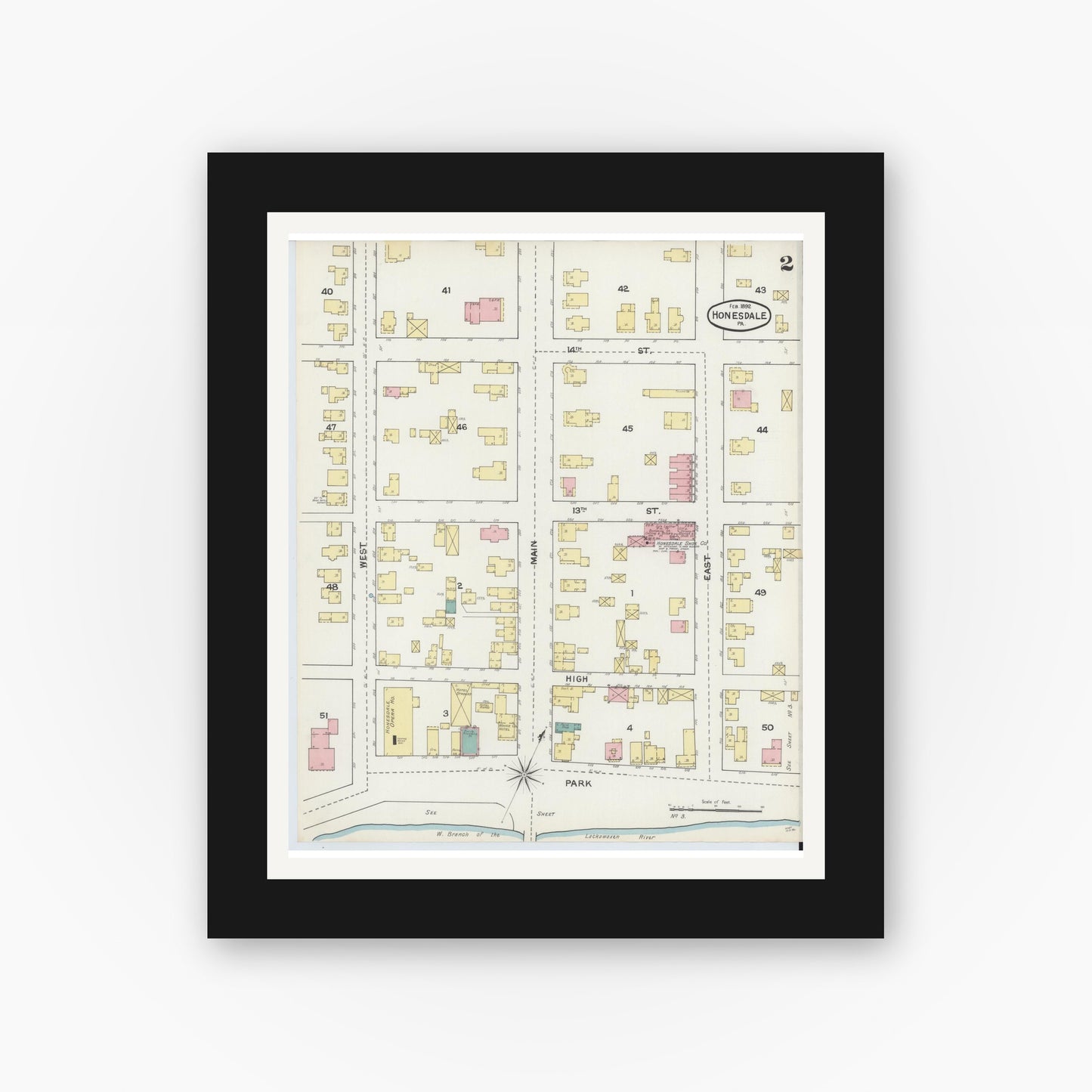 Old map wall art mockup — black gallery frame with white mat — Sanborn Fire Insurance Map from Honesdale, Wayne County, Pennsylvania (1892), Sheet #0002