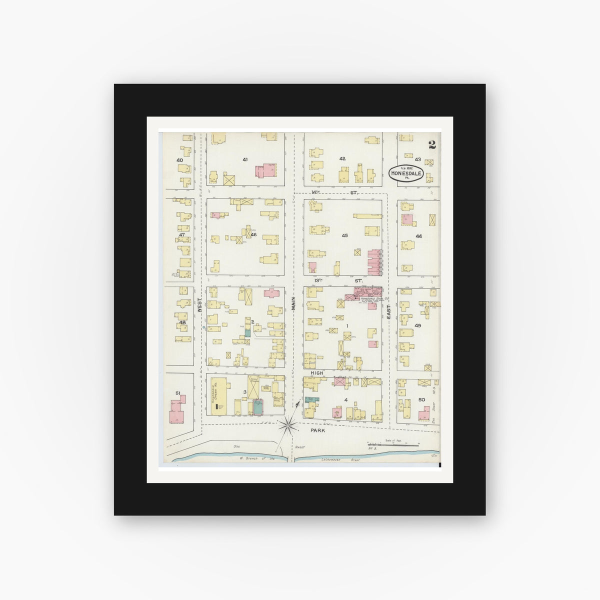 Old map wall art mockup — black gallery frame with white mat — Sanborn Fire Insurance Map from Honesdale, Wayne County, Pennsylvania (1892), Sheet #0002