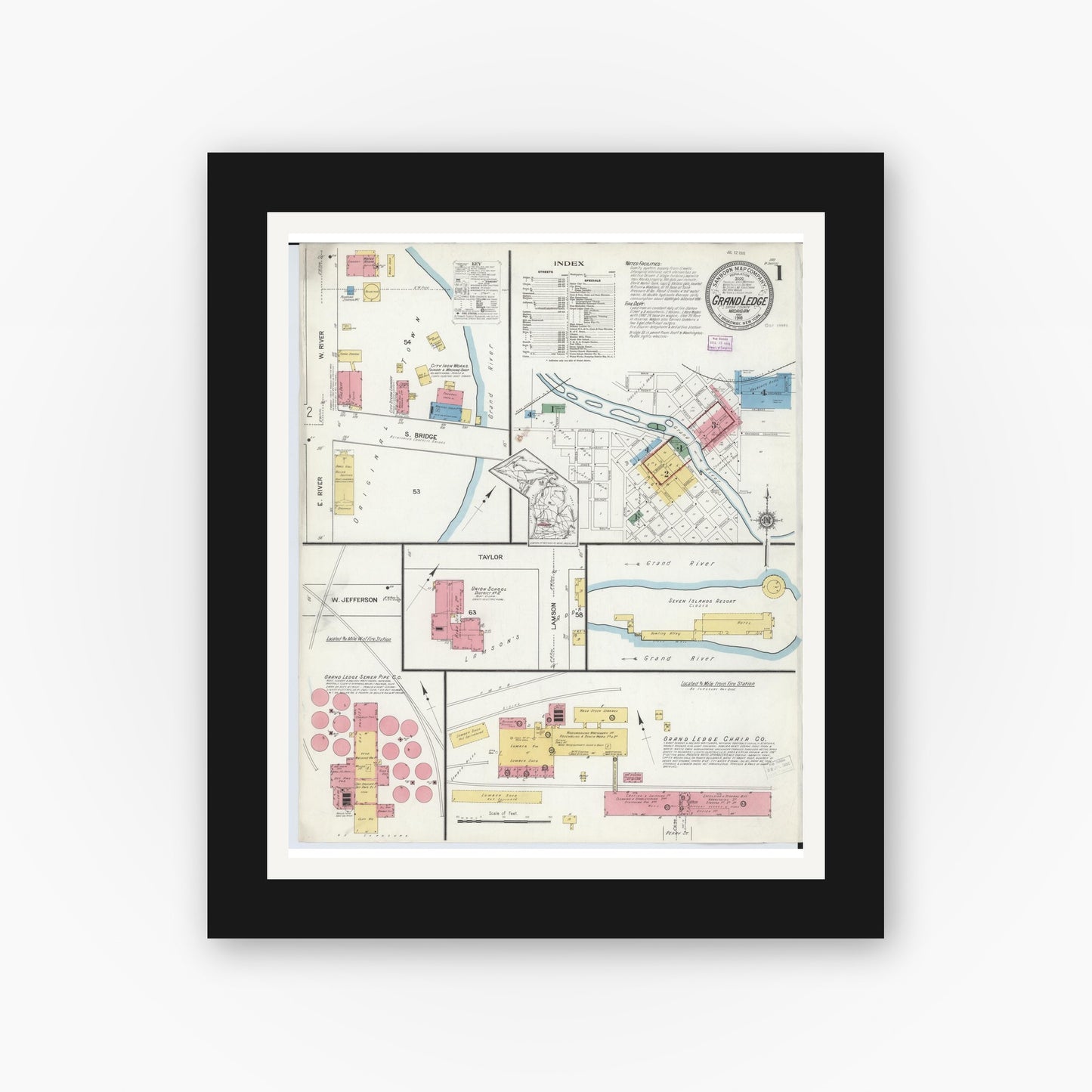 Old map wall art mockup — black gallery frame with white mat — Sanborn Fire Insurance Map from Grand Ledge, Eaton County, Michigan (1916), Sheet #0001