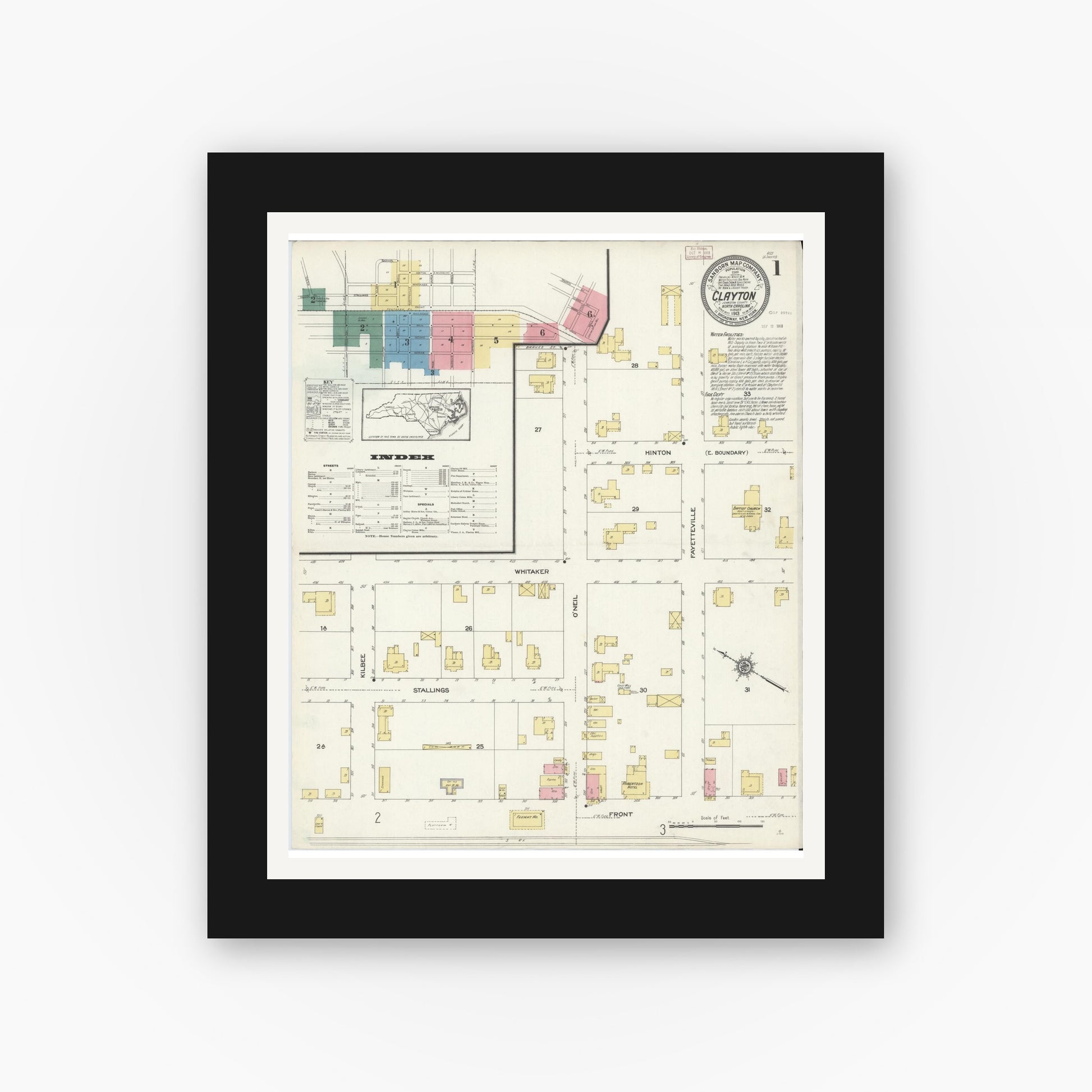 Old map wall art mockup — black gallery frame with white mat — Sanborn Fire Insurance Map from Clayton, Johnston County, North Carolina (1913) - Complete Map Set