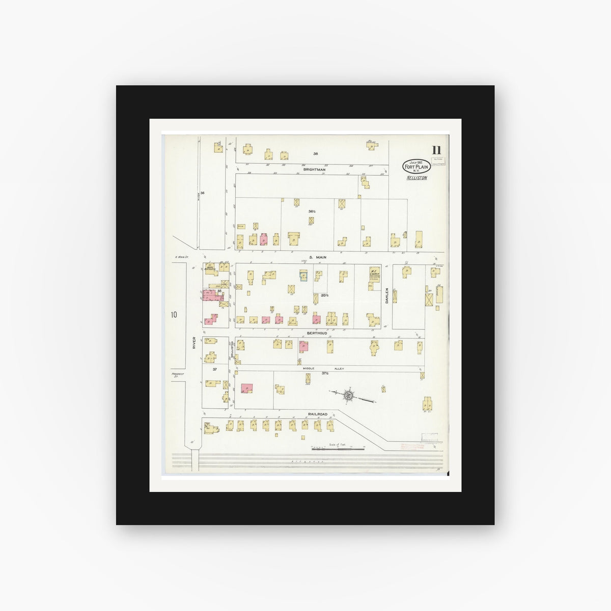 Old map wall art mockup — black gallery frame with white mat — Sanborn Fire Insurance Map from Fort Plain, Montgomery County, New York (1912), Sheet #0011