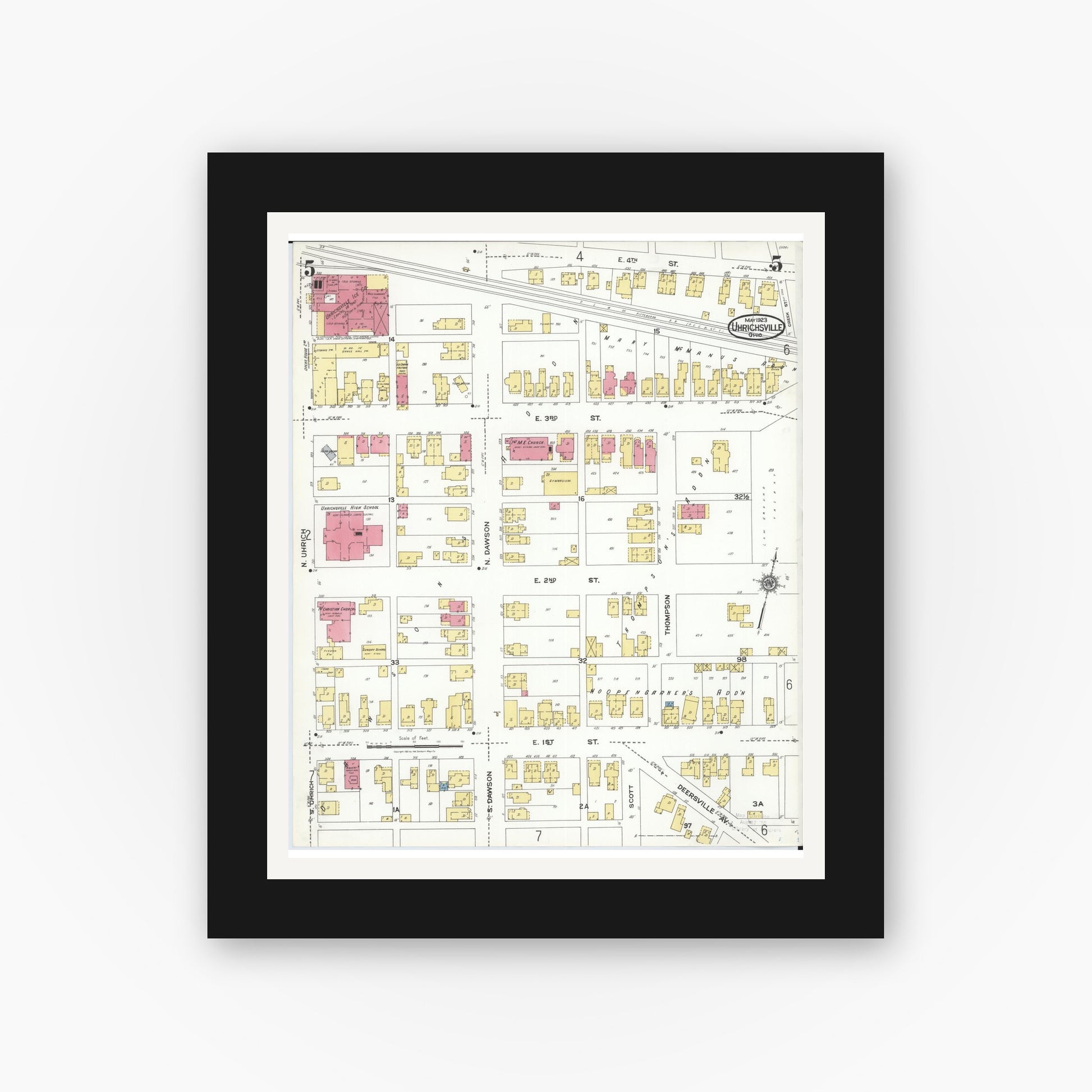 Old map wall art mockup — black gallery frame with white mat — Sanborn Fire Insurance Map from Uhrichsville, Tuscarawas County, Ohio (1923), Sheet #0005