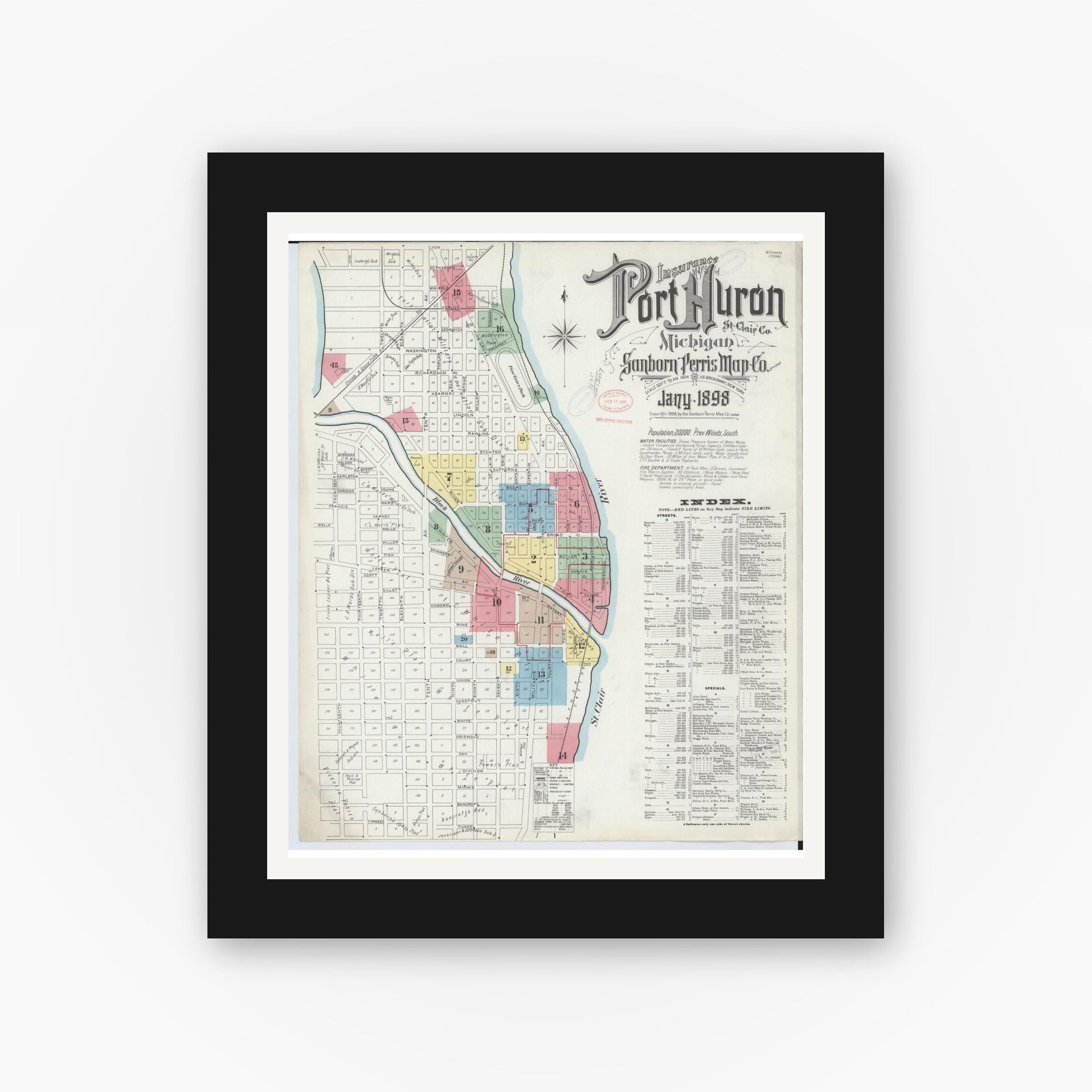 Old map wall art mockup — black gallery frame with white mat — Sanborn Fire Insurance Map from Port Huron, Saint Clair County, Michigan (1898) - Complete Map Set