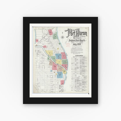 Old map wall art mockup — black gallery frame with white mat — Sanborn Fire Insurance Map from Port Huron, Saint Clair County, Michigan (1898) - Complete Map Set