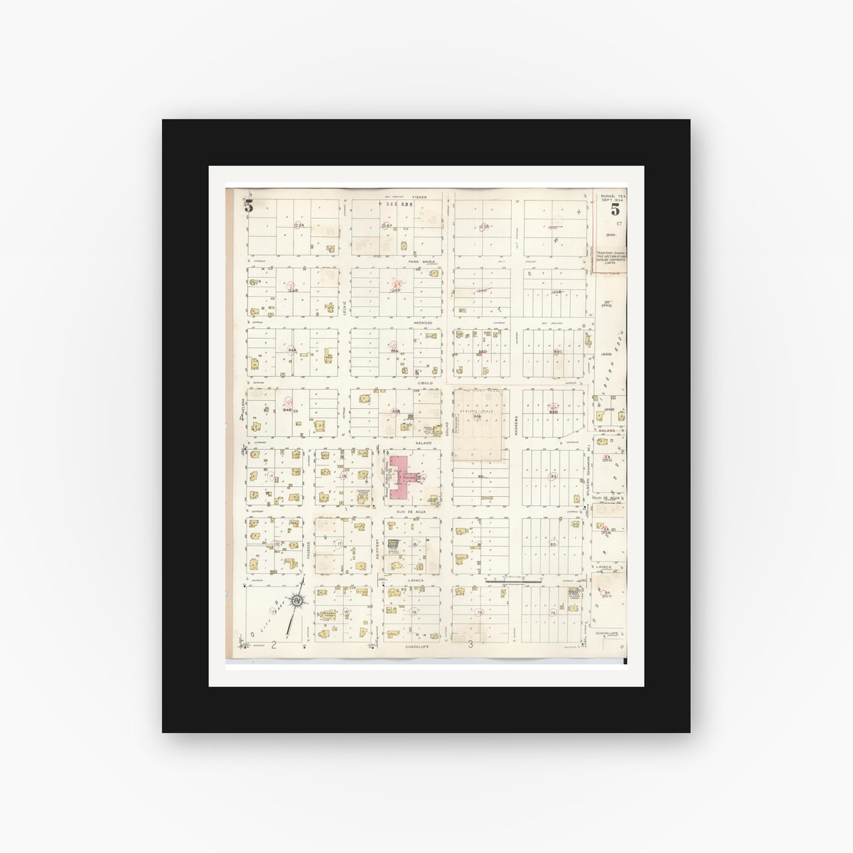 Old map wall art mockup — black gallery frame with white mat — Sanborn Fire Insurance Map from Runge, Karnes County, Texas (1944), Sheet #0005
