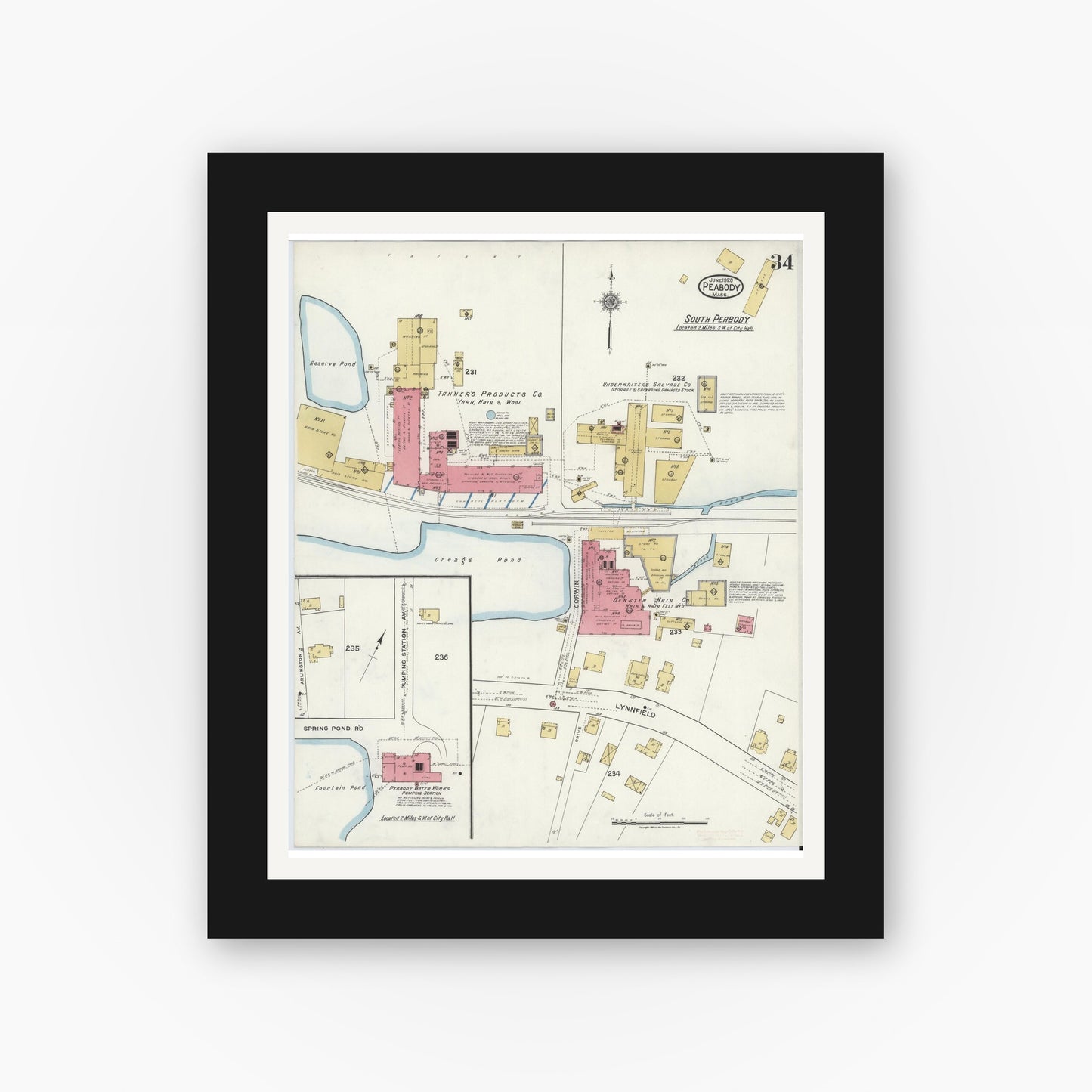 Old map wall art mockup — black gallery frame with white mat — Sanborn Fire Insurance Map from Peabody, Essex County, Massachusetts (1920), Sheet #0034