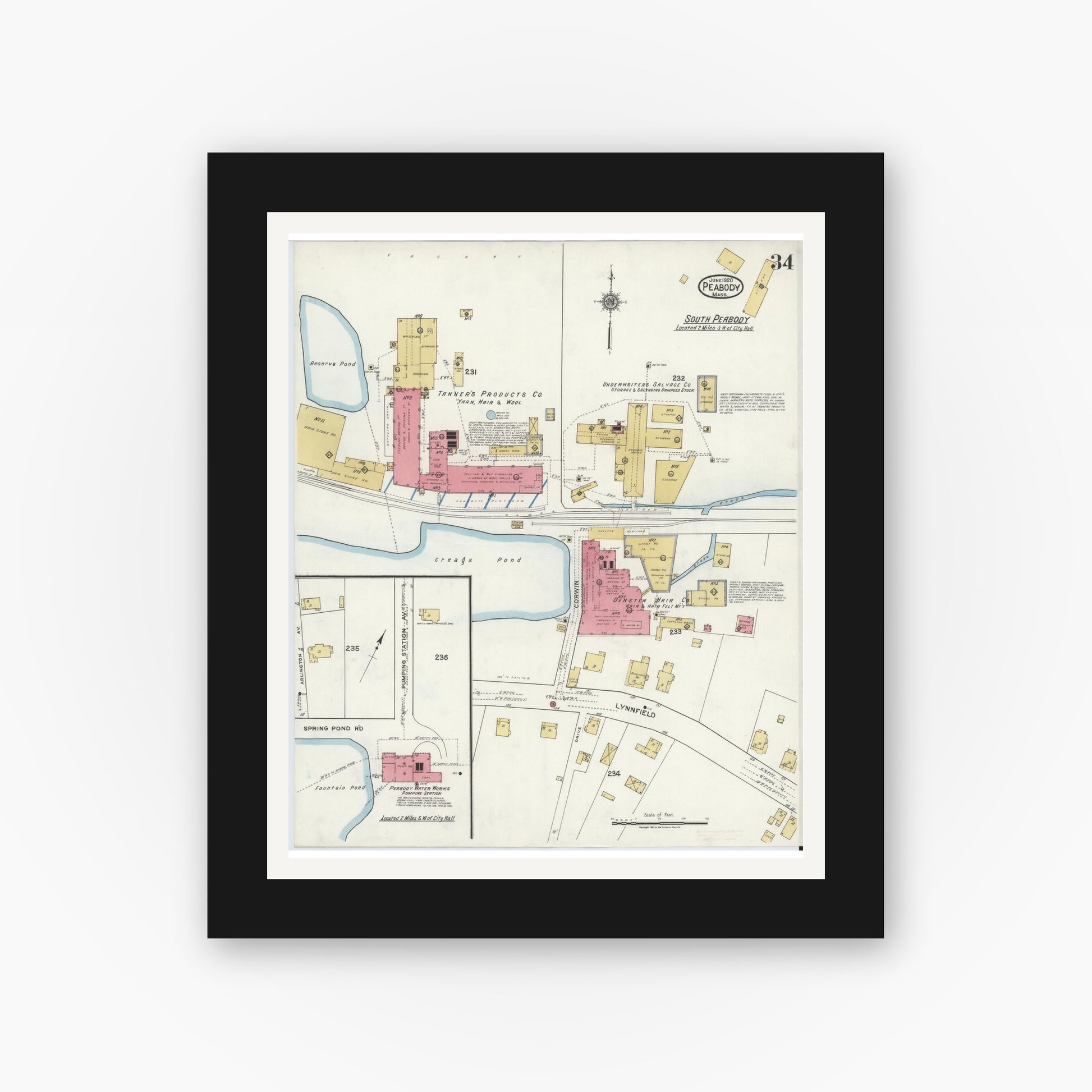Old map wall art mockup — black gallery frame with white mat — Sanborn Fire Insurance Map from Peabody, Essex County, Massachusetts (1920), Sheet #0034