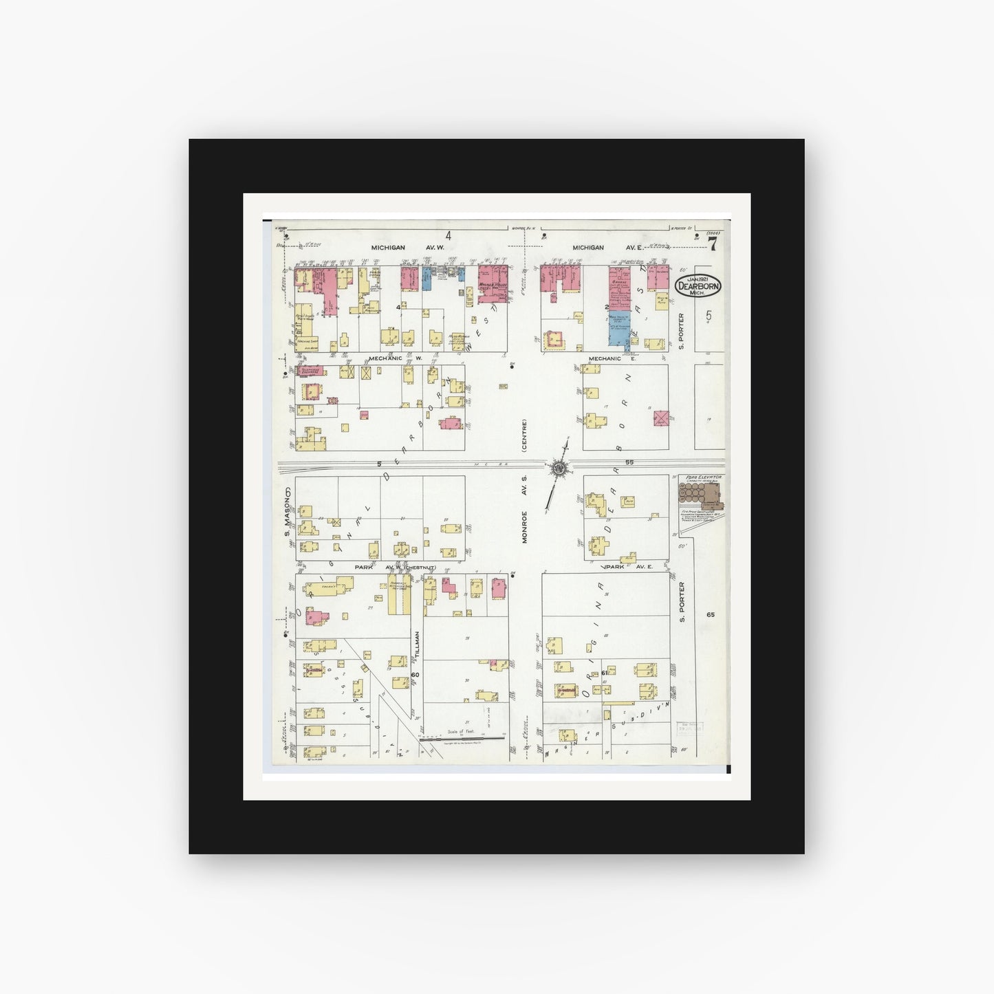 Old map wall art mockup — black gallery frame with white mat — Sanborn Fire Insurance Map from Dearborn, Wayne County, Michigan (1921), Sheet #0007