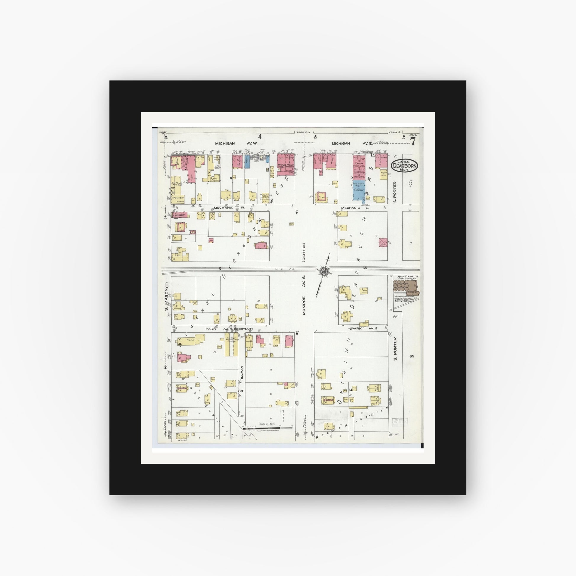 Old map wall art mockup — black gallery frame with white mat — Sanborn Fire Insurance Map from Dearborn, Wayne County, Michigan (1921), Sheet #0007