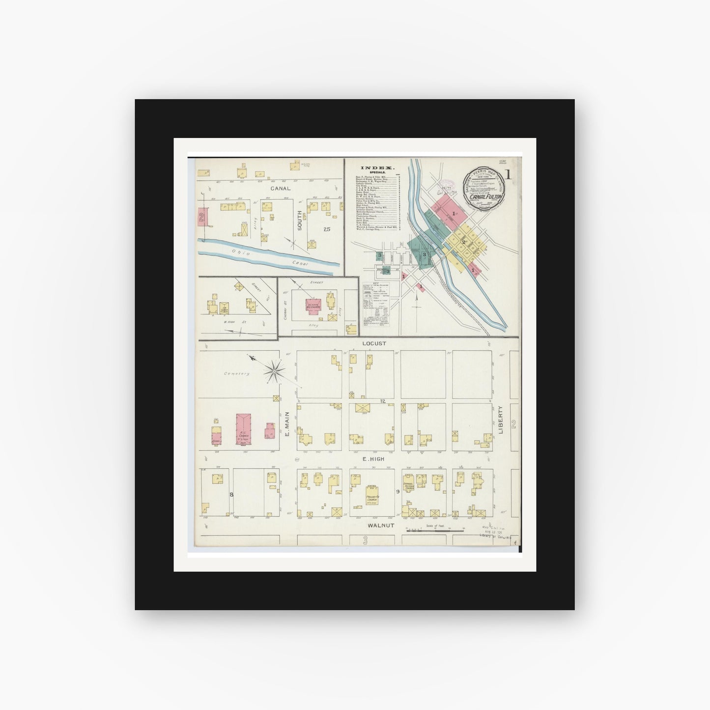 Old map wall art mockup — black gallery frame with white mat — Sanborn Fire Insurance Map from Canal Fulton, Stark County, Ohio (1893) - Complete Map Set