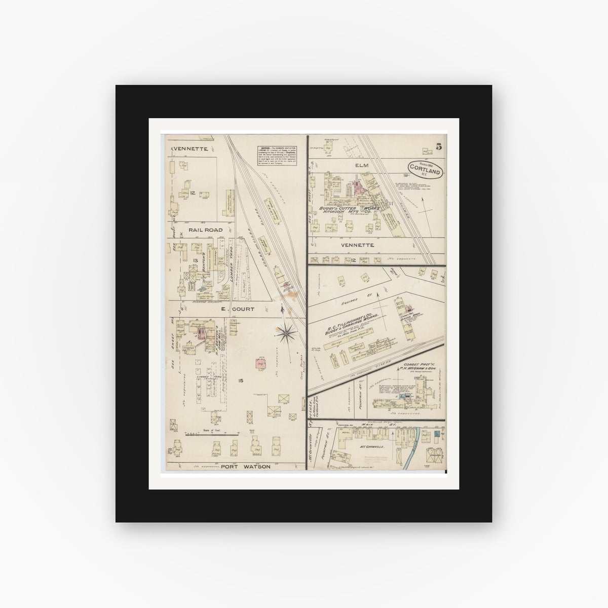 Old map wall art mockup — black gallery frame with white mat — Sanborn Fire Insurance Map from Cortland, Cortland County, New York (1884), Sheet #0005