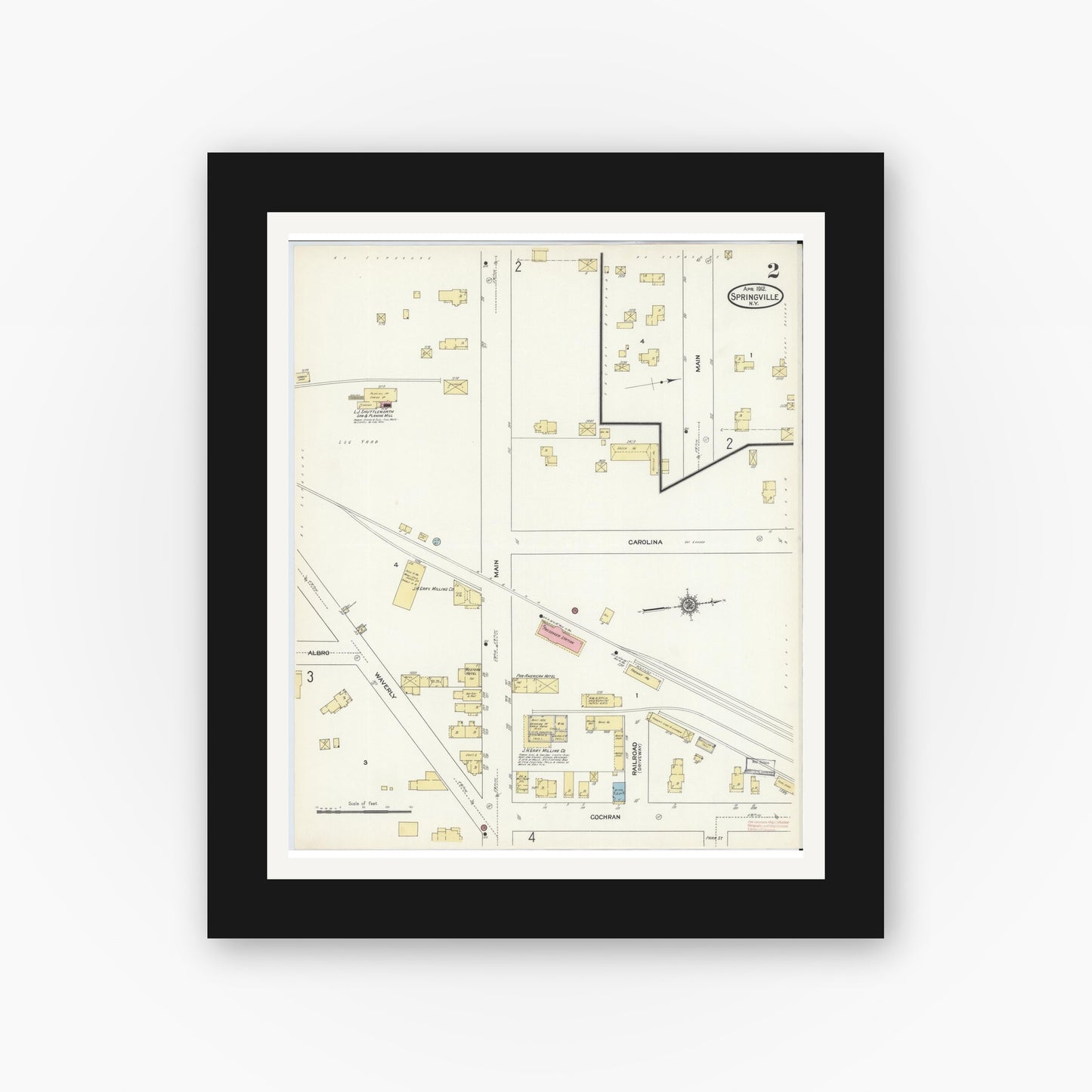 Old map wall art mockup — black gallery frame with white mat — Sanborn Fire Insurance Map from Springville, Erie County, New York (1912), Sheet #0002